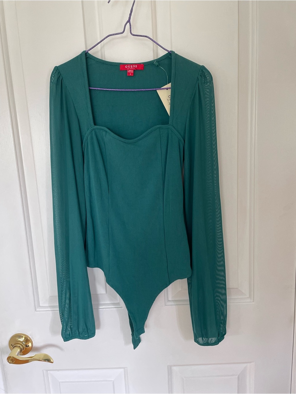 GUESS Nwt Teal Square-Neck Long Sleeve Ribbed Bodysuit Size S